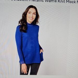Blue Metallic Waffle Knit Mock Neck Sweater